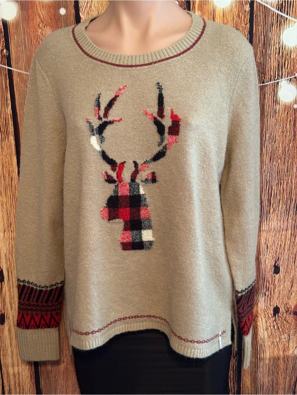 Woolrich Tan, Black & Red Plaid Deer Crewneck Sweater